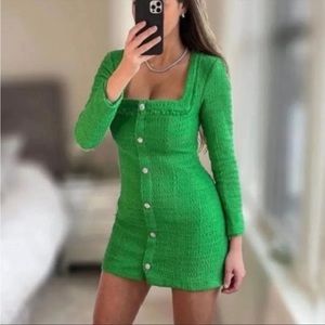 Zara Blogger Favorite Green Tweed Jeweled Dress